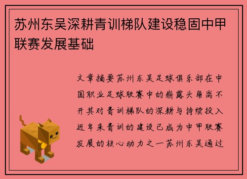 苏州东吴深耕青训梯队建设稳固中甲联赛发展基础 苏州东吴深耕青训梯队建设稳固中甲联赛发展基础