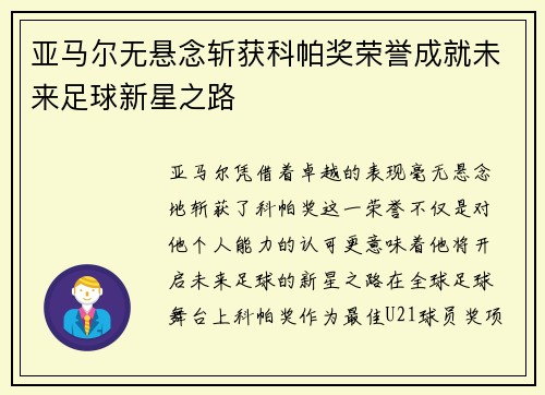 亚马尔无悬念斩获科帕奖荣誉成就未来足球新星之路 亚马尔无悬念斩获科帕奖荣誉成就未来足球新星之路